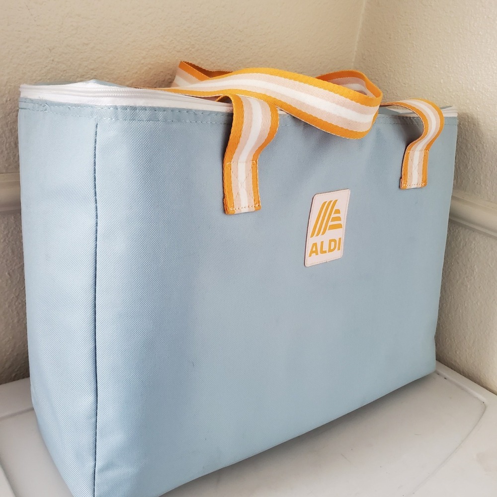 Aldi Insulated Cooler Tote Bag Light Blue Orange Striped Large Grocery Picnic